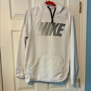 Nike Men's White Dri Fit Hoodie with Gray Logo